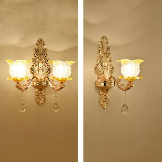 Retro Gold Wall Mount Light With Floral Glass Shade And Hanging Crystal Elegant Lighting 1 / C