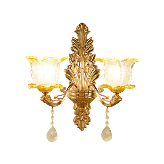 Retro Gold Wall Mount Light With Floral Glass Shade And Hanging Crystal Elegant Lighting