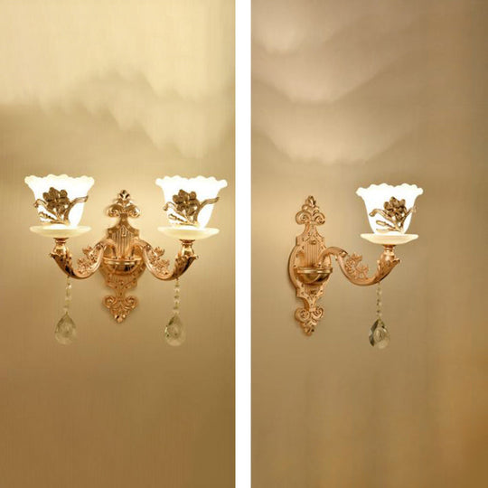 Retro Gold Wall Mount Light With Floral Glass Shade And Hanging Crystal Elegant Lighting 1 / E