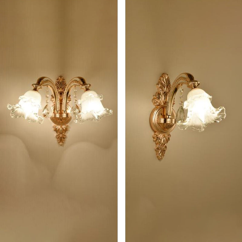 Retro Gold Wall Mount Light With Floral Glass Shade And Hanging Crystal Elegant Lighting 1 / G