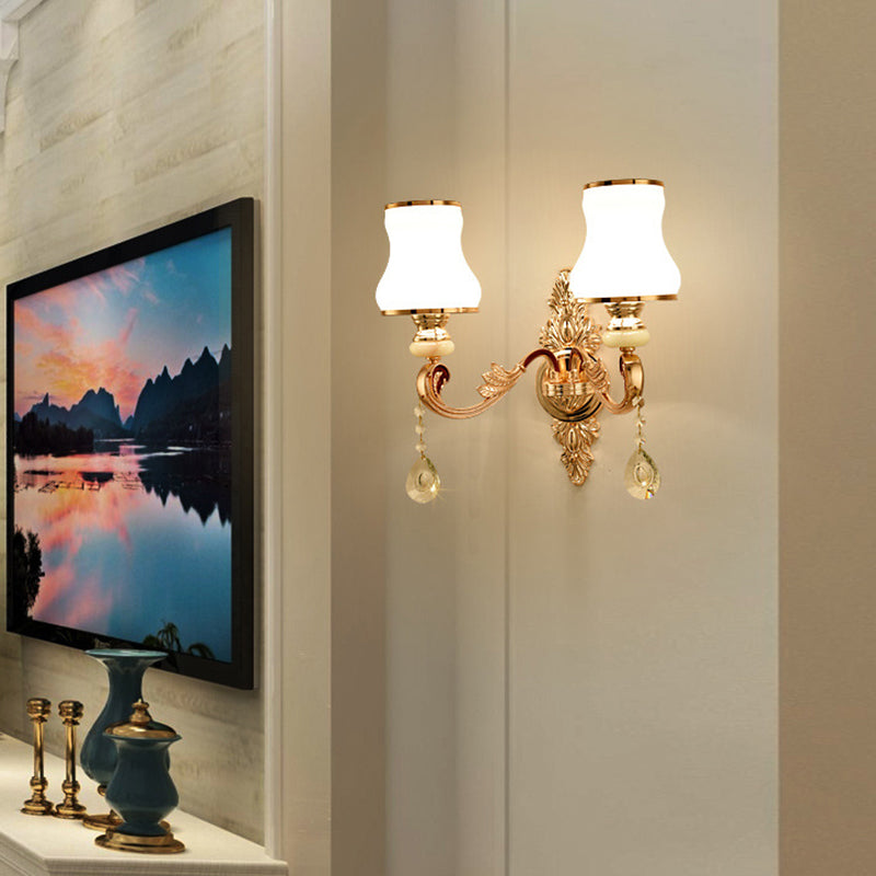 Retro Gold Wall Mount Light With Floral Glass Shade And Hanging Crystal Elegant Lighting