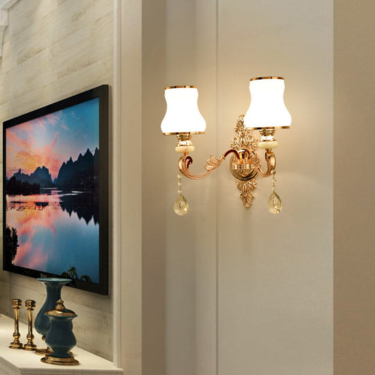 Retro Gold Wall Mount Light With Floral Glass Shade And Hanging Crystal Elegant Lighting
