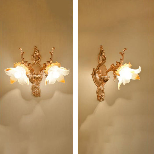 Retro Gold Wall Mount Light With Floral Glass Shade And Hanging Crystal Elegant Lighting 1 / K