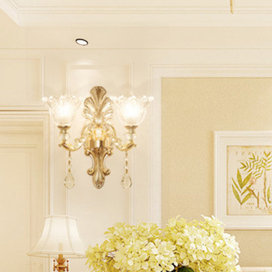 Antique Gold Glass Wall Light With Flower Texture And Crystal Accent For Living Room 2 / A
