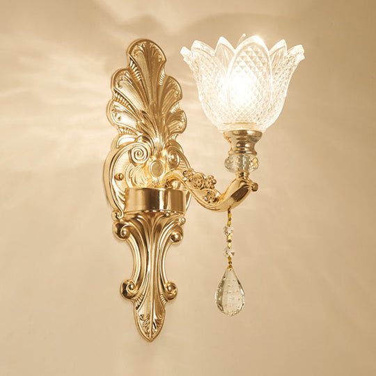 Antique Gold Glass Wall Light With Flower Texture And Crystal Accent For Living Room
