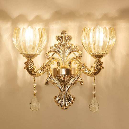 Antique Gold Glass Wall Light With Flower Texture And Crystal Accent For Living Room