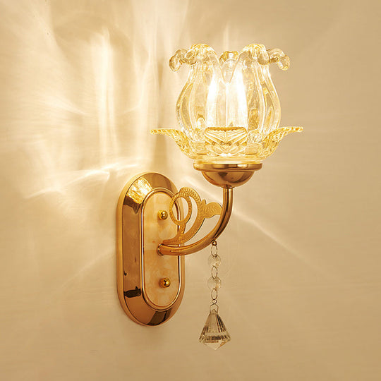 Traditional Floral Living Room Wall Mount Light With Textured Glass And Gold Fixture