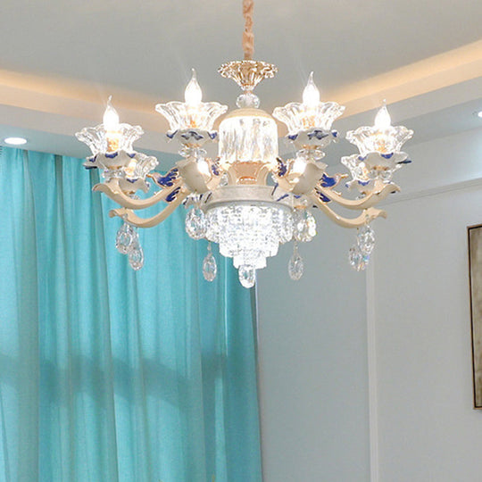 Vintage Beige Ruffle Floral Chandelier Light With Crystal Accent - Faceted Glass For Living Room 8 /