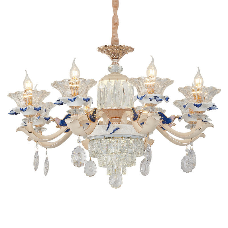Vintage Beige Ruffle Floral Chandelier Light With Crystal Accent - Faceted Glass For Living Room