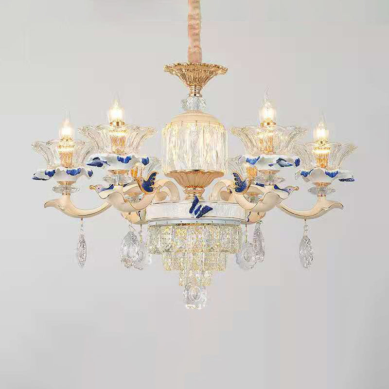 Vintage Beige Ruffle Floral Chandelier Light With Crystal Accent - Faceted Glass For Living Room 6 /