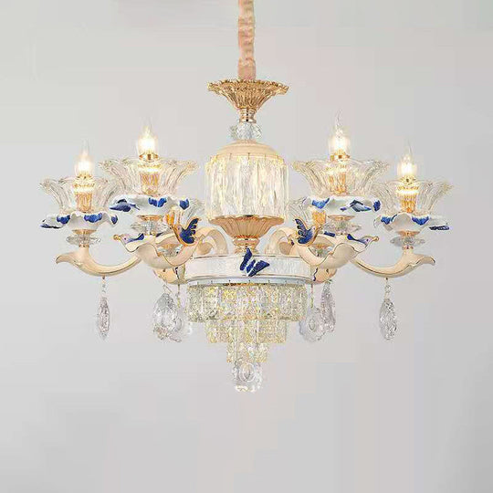 Vintage Beige Ruffle Floral Chandelier Light With Crystal Accent - Faceted Glass For Living Room 6 /