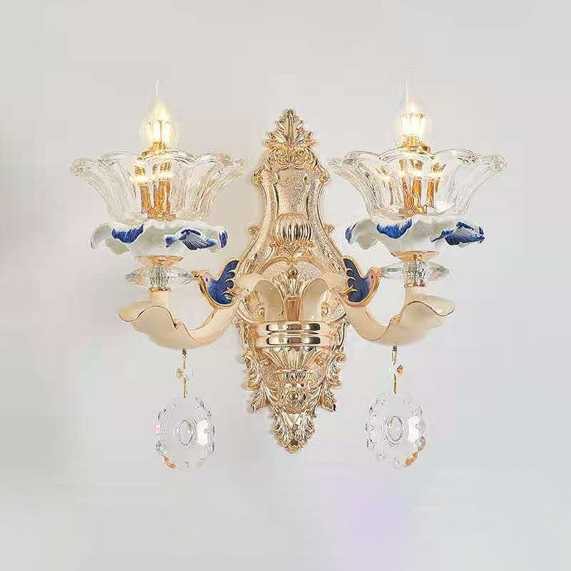 Vintage Beige Ruffle Floral Chandelier Light With Crystal Accent - Faceted Glass For Living Room