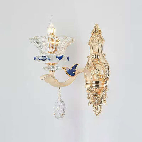 Vintage Beige Ruffle Floral Chandelier Light With Crystal Accent - Faceted Glass For Living Room