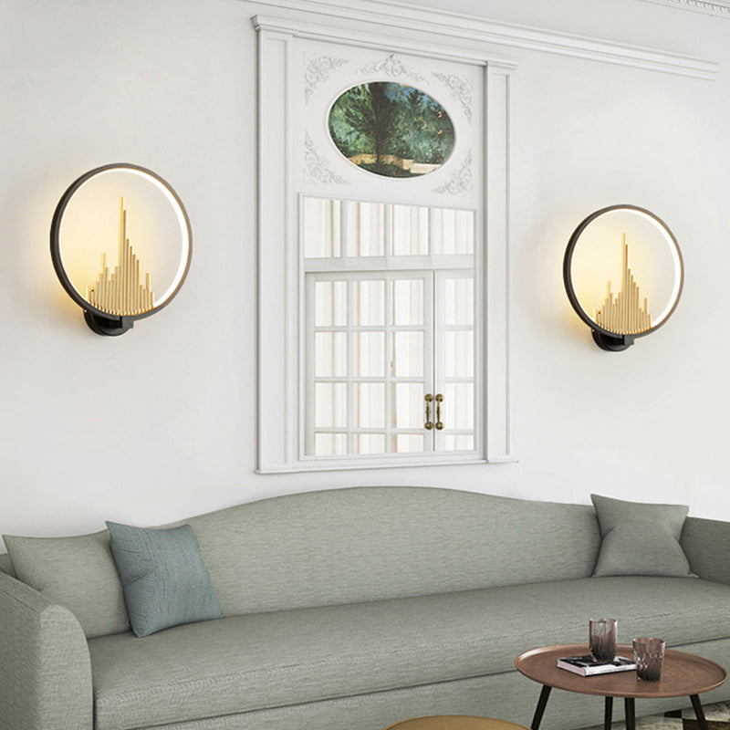 Modern Acrylic Halo-Ring Led Sconce Light In Black/White With Mountain Pattern - Warm Lighting