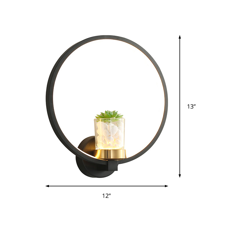 Contemporary Black Wall Mount Ring Light With Led Warm-Light And Potted Plant Sconce Fixture