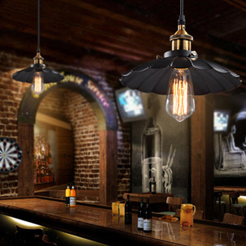 Retro Style Single-Bulb Black Metal Pendant Ceiling Light- Scalloped Cone Design For Restaurants