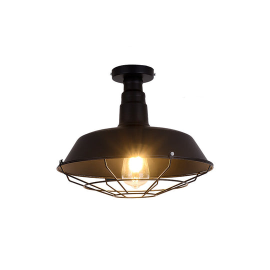 Retro Style Metallic Shaded Flush Mount Ceiling Light - Single Bulb Semi In Black / Small D