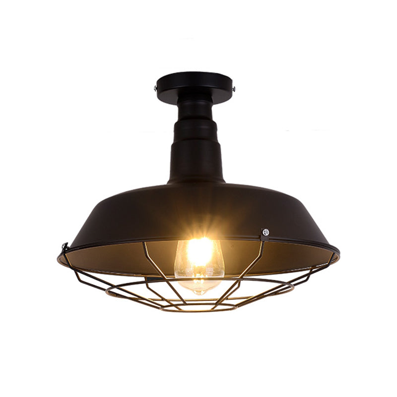 Retro Style Metallic Shaded Flush Mount Ceiling Light - Single Bulb Semi In Black / Large D