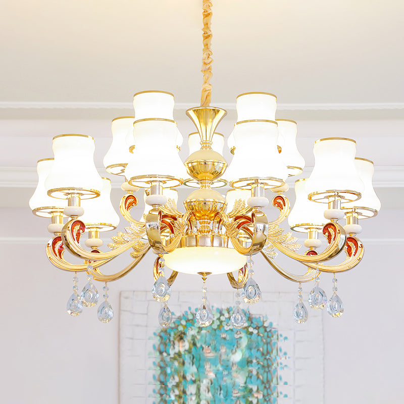 Traditional Living Room Chandelier With Crystal Draping - White Glass Bud Ceiling Lighting