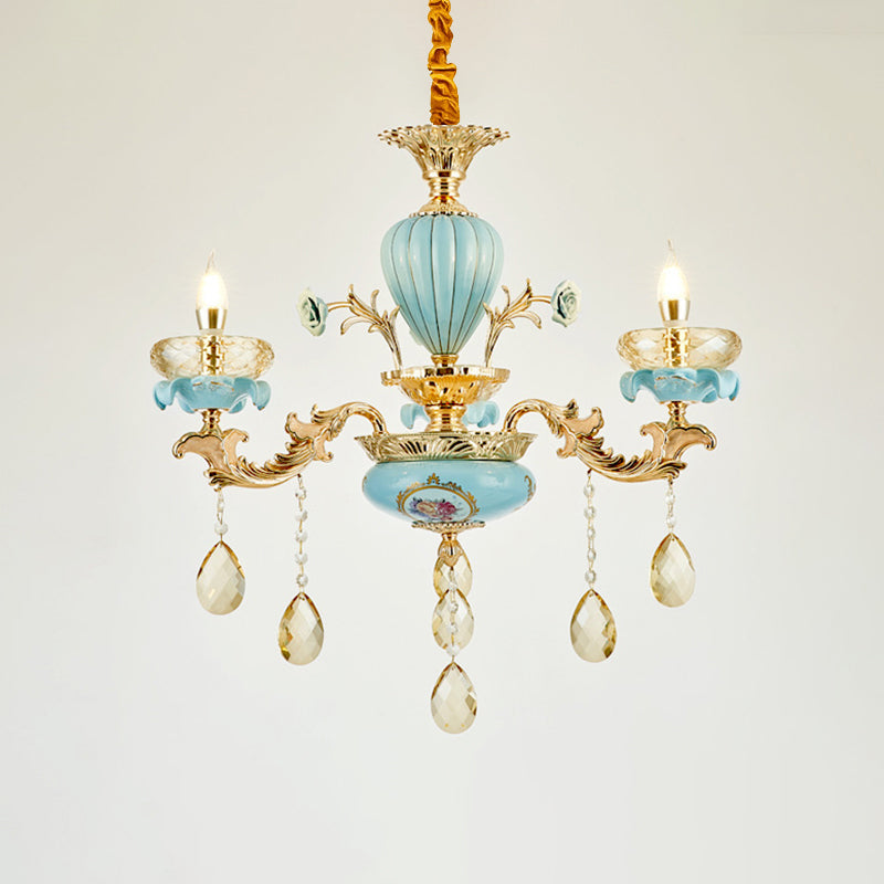 Retro Style Blue Suspension Light With Crystal Facets - Living Room Chandelier