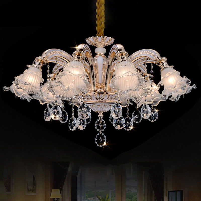 Vintage Floral Chandelier Pendant With Ribbed Ruffle Glass And Crystal Accent