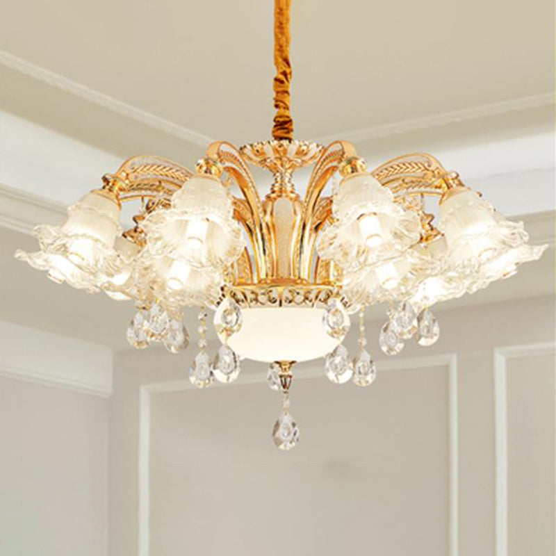 Vintage Floral Chandelier Pendant With Ribbed Ruffle Glass And Crystal Accent