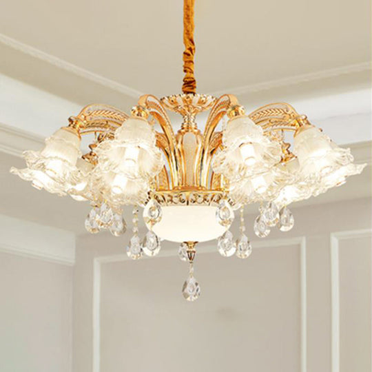 Vintage Floral Chandelier Pendant With Ribbed Ruffle Glass And Crystal Accent
