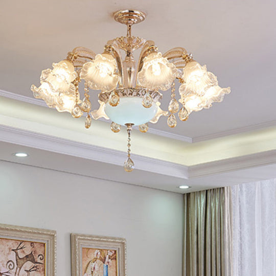 Vintage Floral Chandelier Pendant With Ribbed Ruffle Glass And Crystal Accent