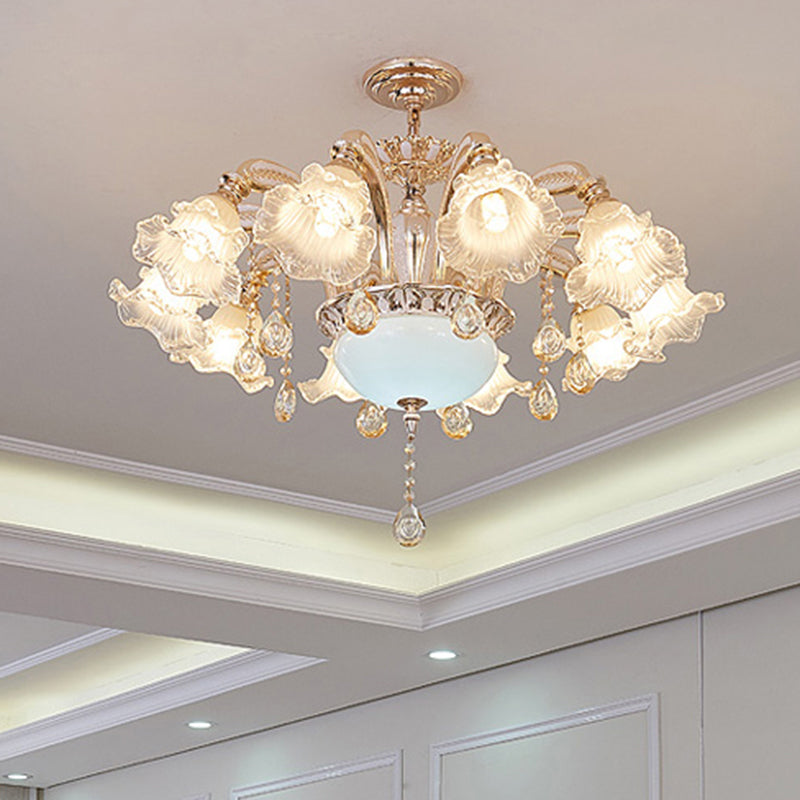 Vintage Floral Chandelier Pendant With Ribbed Ruffle Glass And Crystal Accent 8 / White