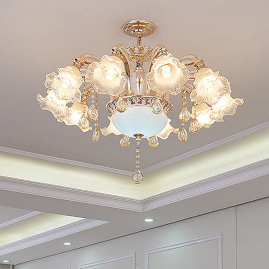 Vintage Floral Chandelier Pendant With Ribbed Ruffle Glass And Crystal Accent 8 / White