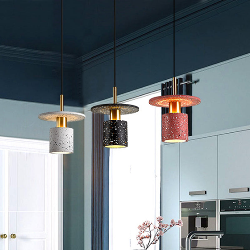 Suspension en terrazzo de style nordique pour restaurants - Luminaire à suspension cylindrique et à disque