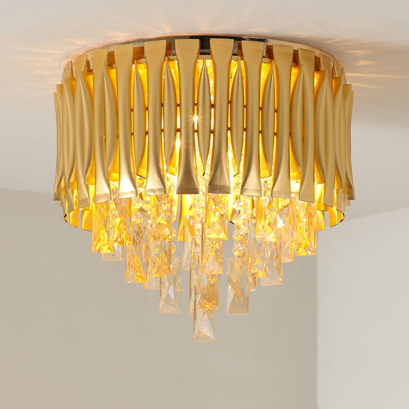 Modern Metal Drum Ceiling Light Fixture With Crystal Block Drop - Brass Flush Mount 5 Lights