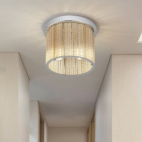 Modern Spiral Glass Rod Ceiling Light 2-Light Flush Mount Chrome With Crystal Drop 7/10 Wide / 7