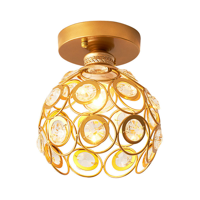 Modern Brass Dome Ceiling Light With Crystal Accent - 1-Light Semi Flush Mount