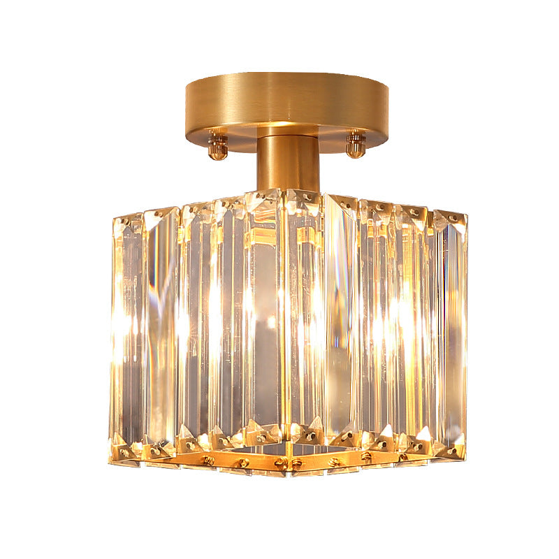 Modern Brass Semi Flush Mount Light With Crystal Shade - 1-Light Corridor Ceiling