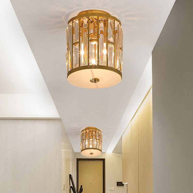 Modern Metal And Crystal Cylinder Flush Mount Light With Gold Ceiling Fixture’ Or ’Gold Light: