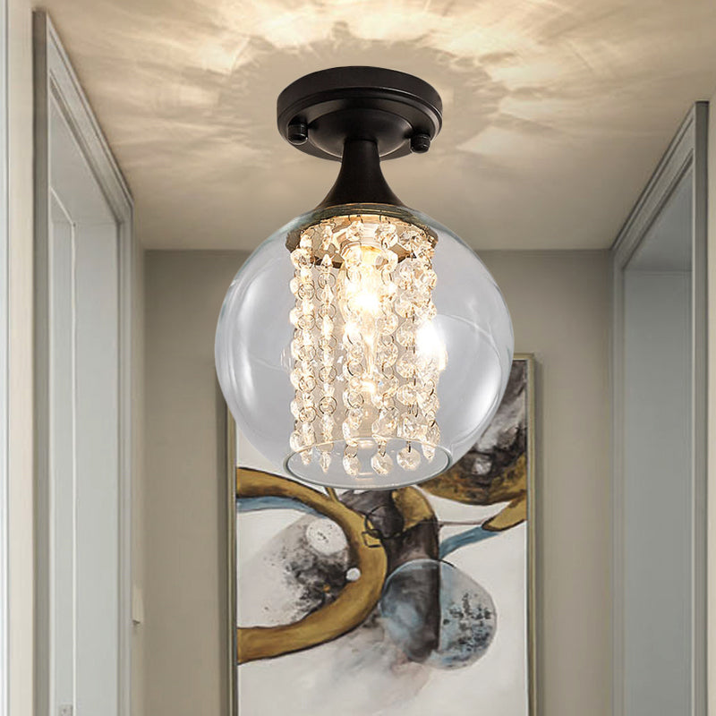 Vintage Black Semi Flush Mount Ceiling Light With Cylinder/Globe Glass Shade And Crystal Strands