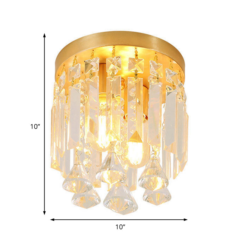 Modern Crystal Block Cylinder Flush Mount Light With Brass Finish - 2 Lights 8/10 Wide