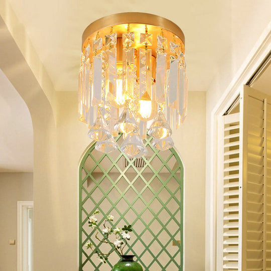 Modern Crystal Block Cylinder Flush Mount Light With Brass Finish - 2 Lights 8’/10’ Wide / 10’