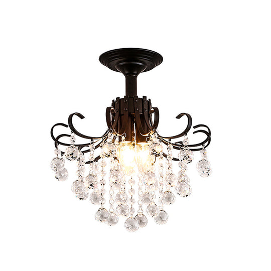 Modern Semi-Flush Mount Ceiling Light With Curve Arm And Faceted Crystal Balls In Gold/Black
