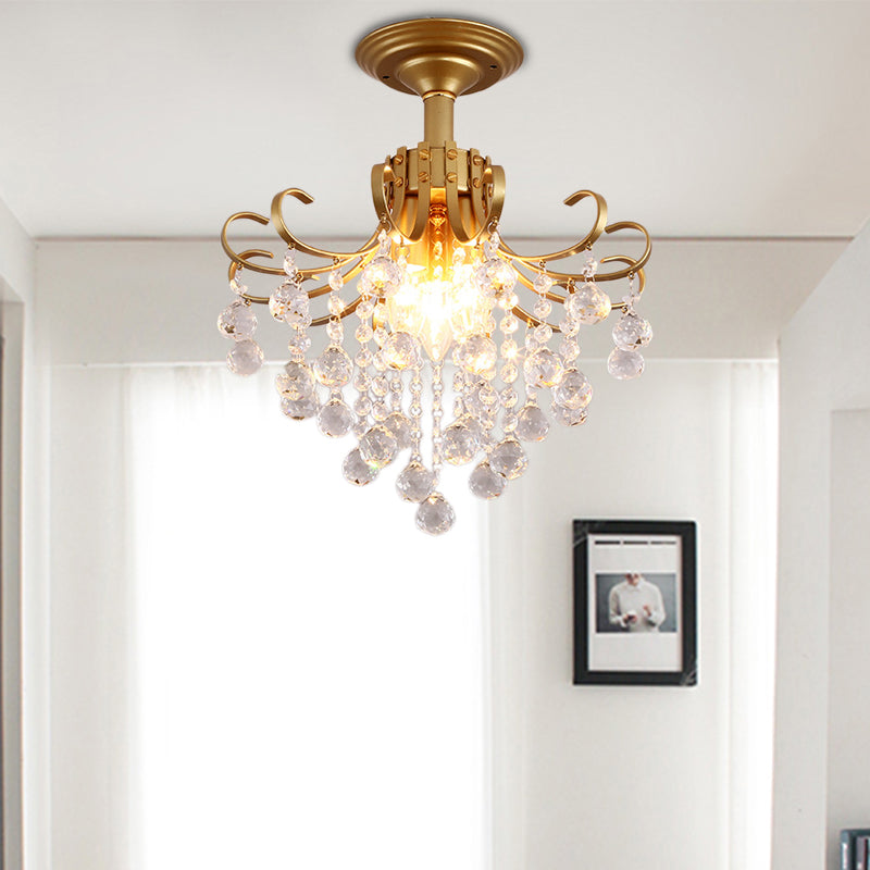 Modern Semi-Flush Mount Ceiling Light With Curve Arm And Faceted Crystal Balls In Gold/Black