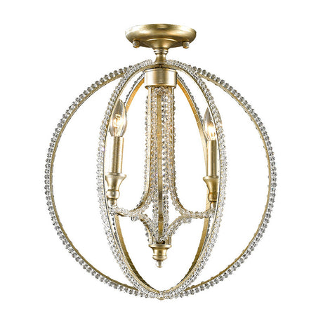 Modern Metal And Crystal Gold Semi Flush Mount Ceiling Light With 3 Orb Frame Lights