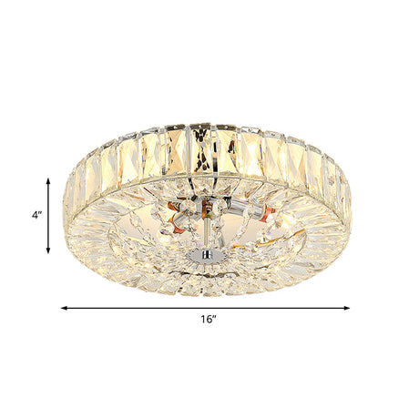 Contemporary Crystal Block Led Chrome Ceiling Fixture - Drum Flush Mount Light 16/23.5 Wide