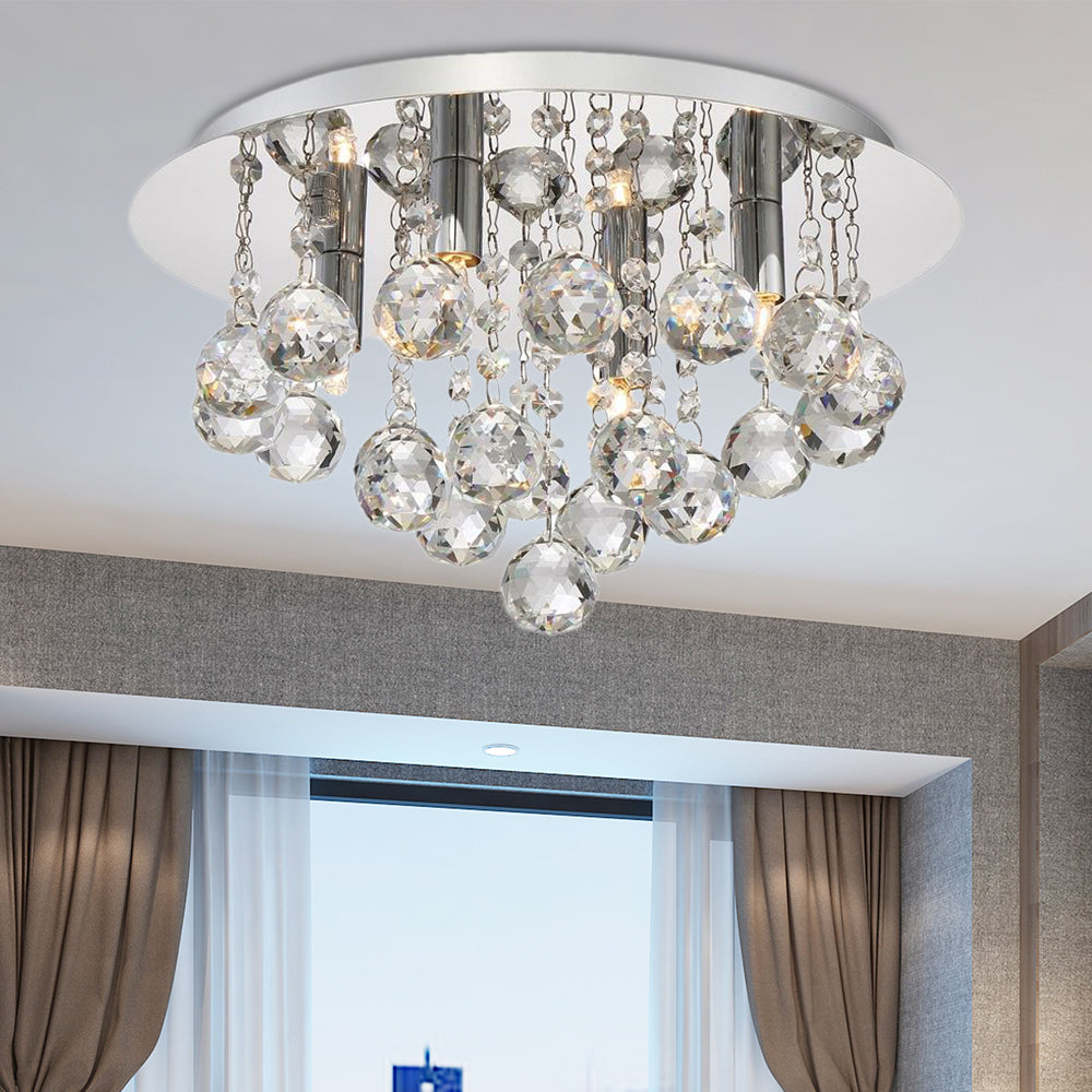 Contemporary Crystal Chrome Ceiling Light - Cascading Flush Mount 3/4/6 Lights 8’/14’/19.5’