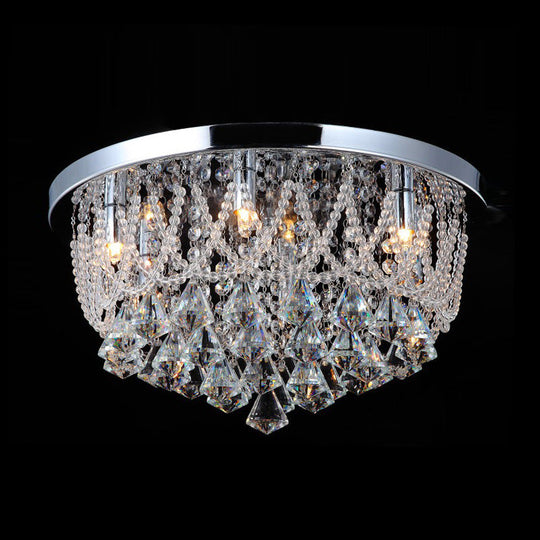 Modern Crystal Strand Ceiling Lamp - Dome Flush 3 Lights 14/18 Wide Chrome; Ideal For Bedroom