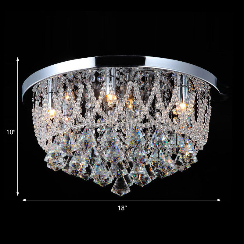 Modern Crystal Strand Ceiling Lamp - Dome Flush 3 Lights 14/18 Wide Chrome; Ideal For Bedroom