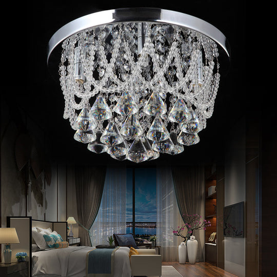 Modern Crystal Strand Ceiling Lamp - Dome Flush 3 Lights 14’/18’ Wide Chrome; Ideal For Bedroom