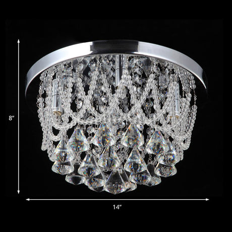 Modern Crystal Strand Ceiling Lamp - Dome Flush 3 Lights 14/18 Wide Chrome; Ideal For Bedroom