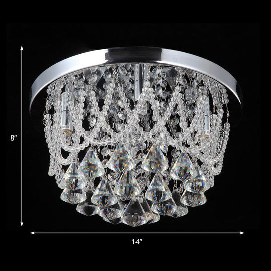 Modern Crystal Strand Ceiling Lamp - Dome Flush 3 Lights 14/18 Wide Chrome; Ideal For Bedroom