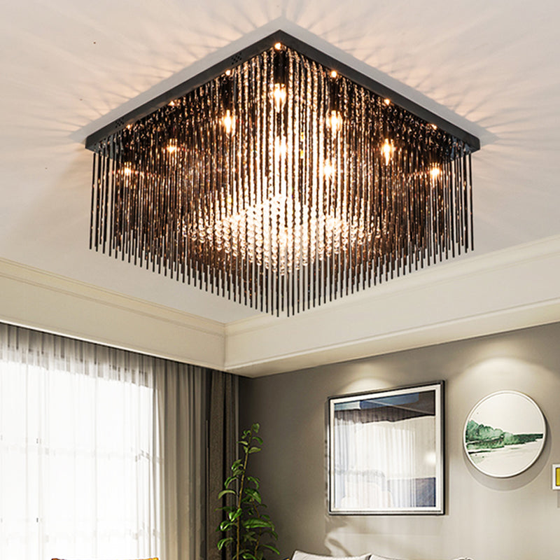 Contemporary Crystal Rod And Beaded Cubic Flush Ceiling Light - Black 4/6/9 Lights